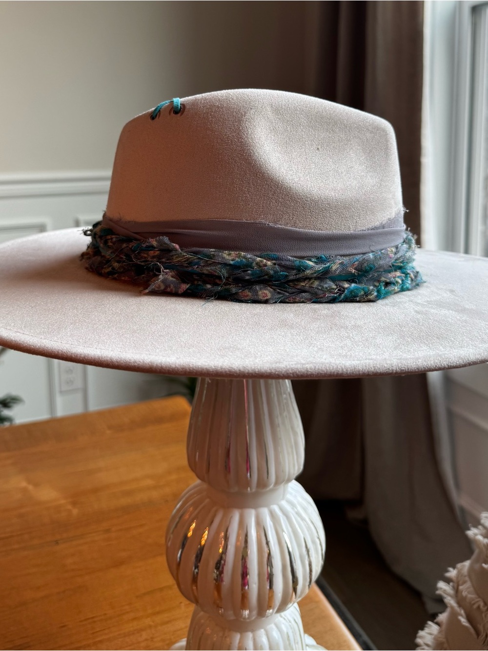Hand Crafted Cream Vegan Suede Wide Brim Hat with Teal/Gray Accents - Picture 6 of 11